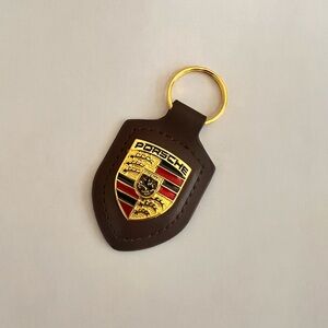 Dark Brown PORSCHE STUTTGART HOTROD Leather Crest KeyRing Key Chain